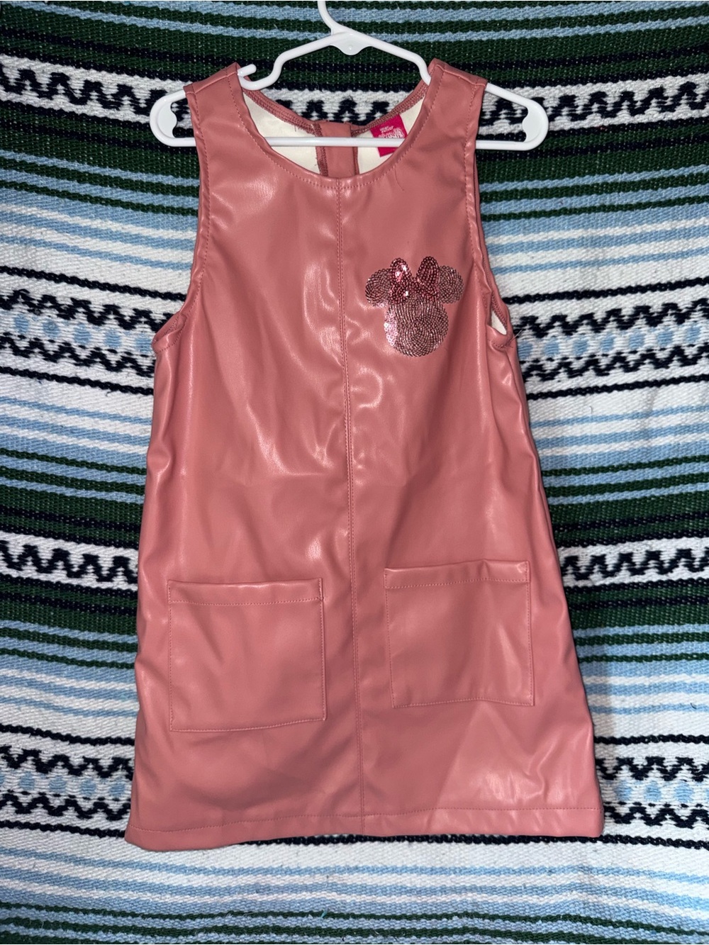 Disney Rose Pink Faux Leather Pinafore Dress with Sequin Minnie Accent ANYOFFERS